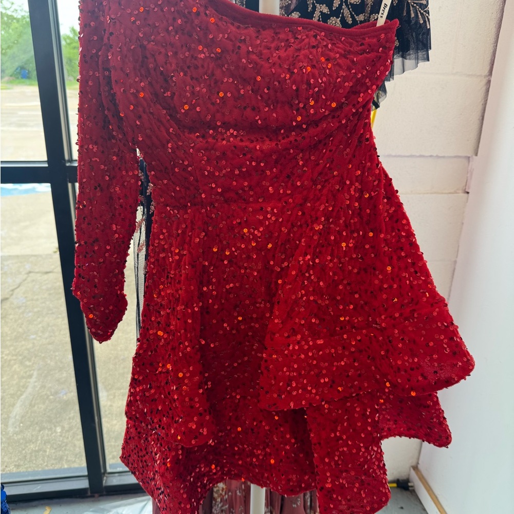 Red Sequin Prom Dress with Flared Skirt